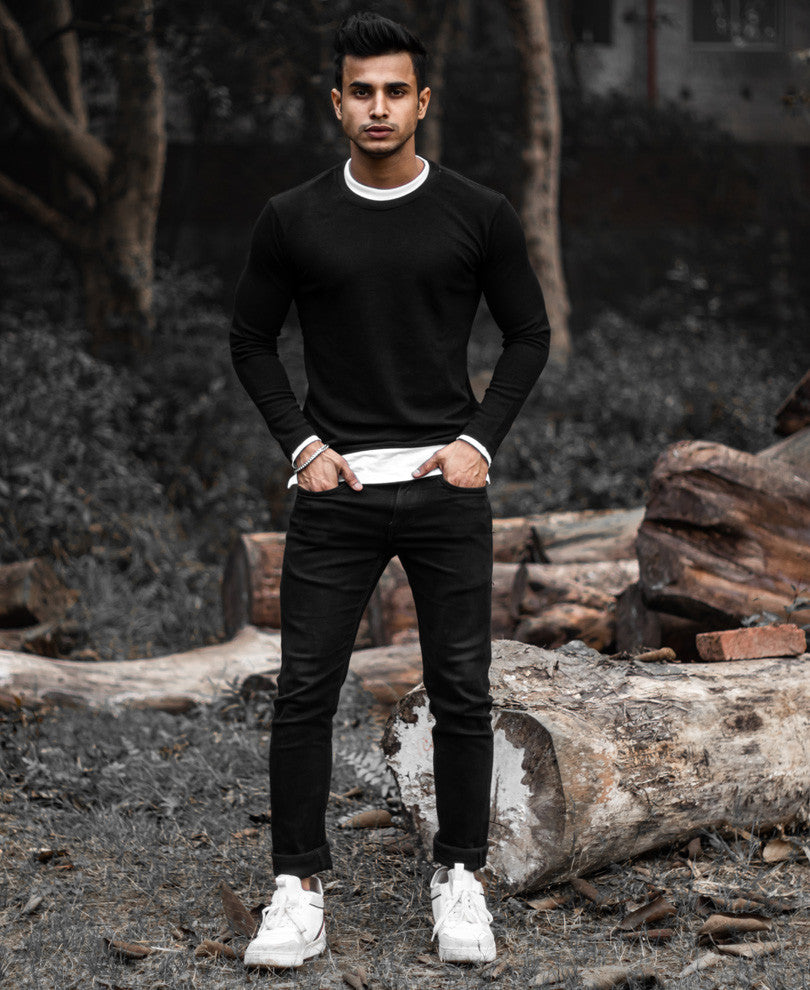 Black Double Crew Neck Full Sleeves T Shirt