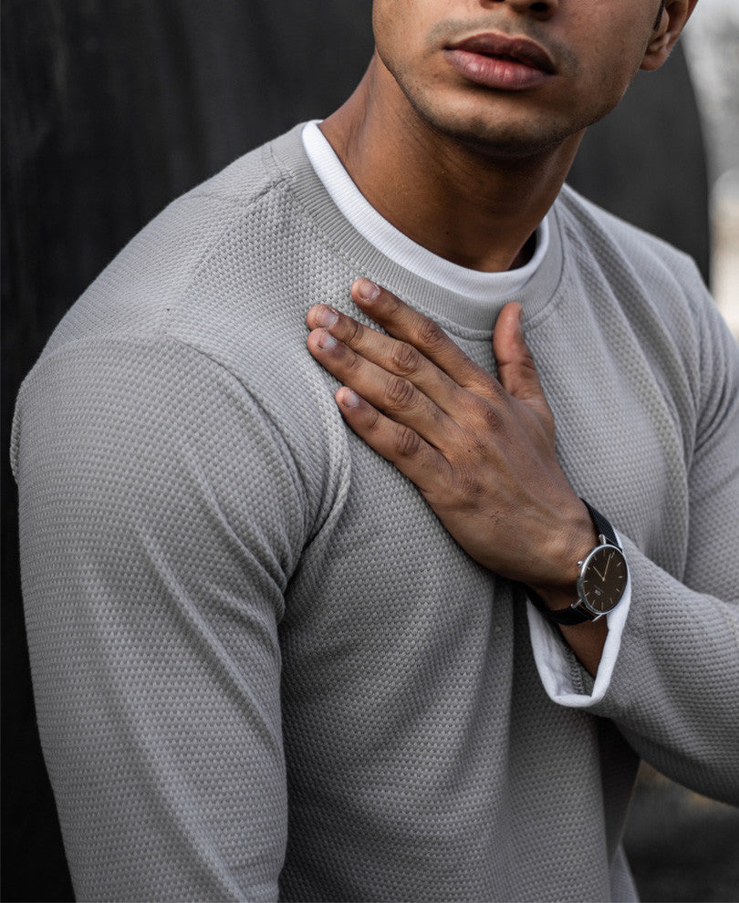 Grey Double Crew Neck Full Sleeves T Shirt