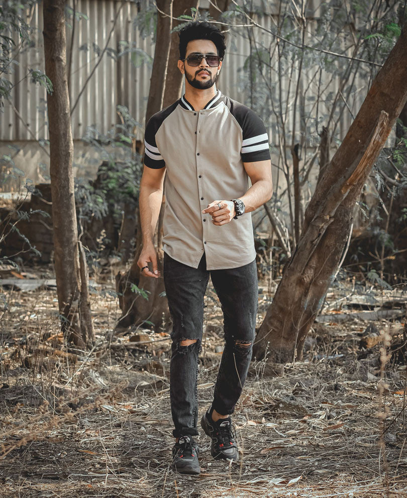 Beige Baseball Button Style Half Sleeves T Shirt