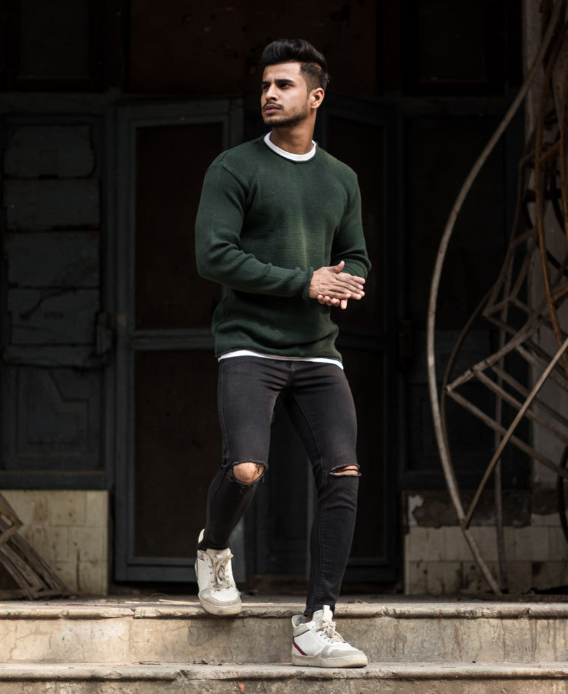 Olive Green Knitted Full Sleeves T Shirt