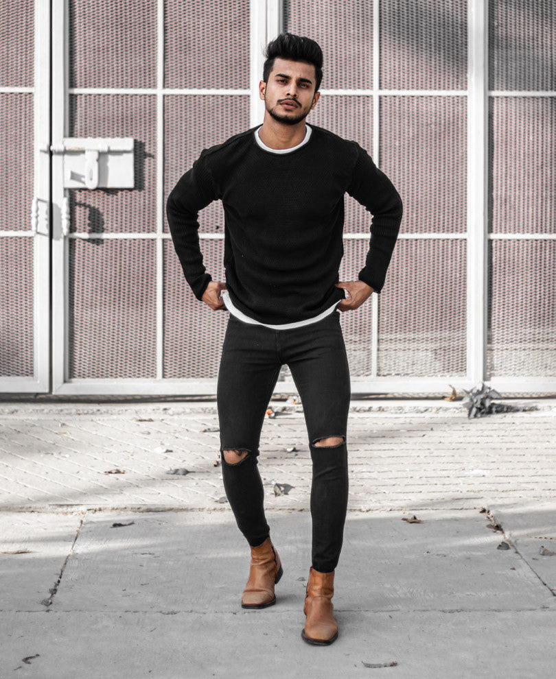 Black Knitted Full Sleeves T Shirt