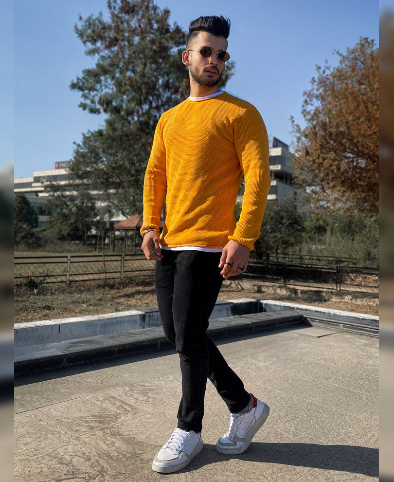 Mustard Knitted Full Sleeves T Shirt
