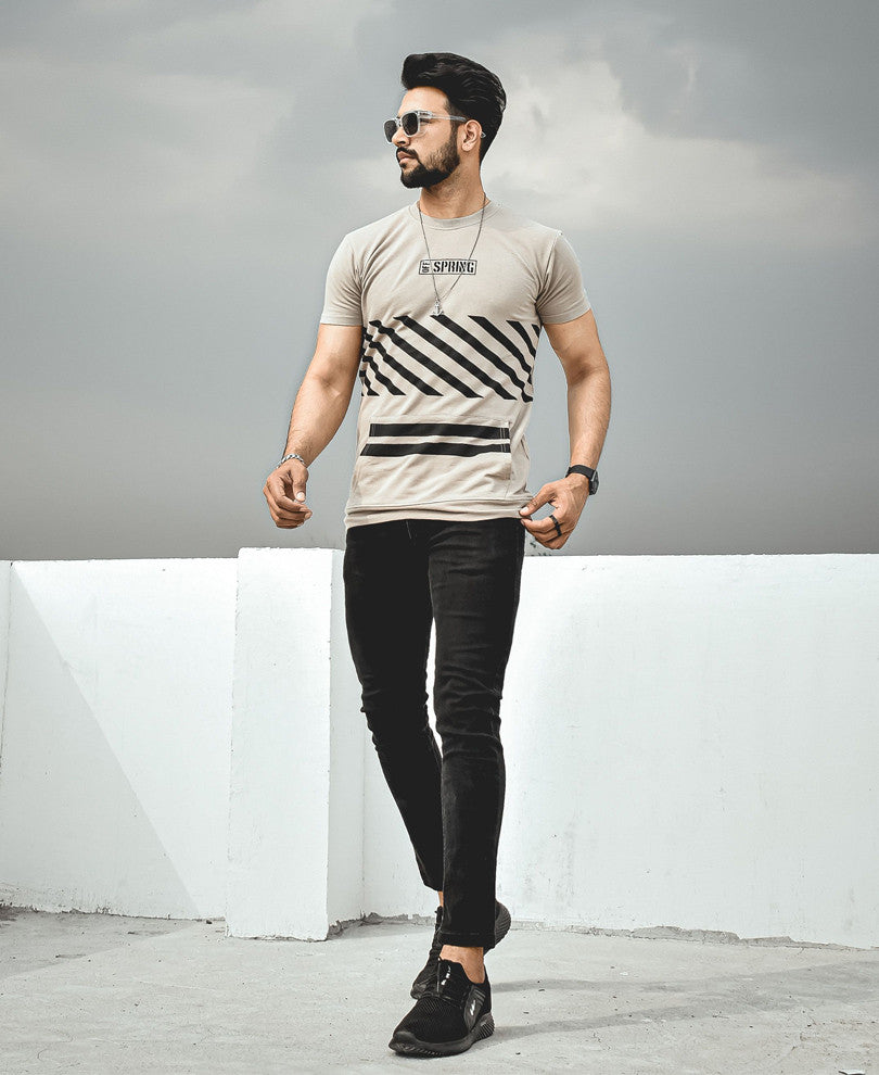 Beige Off Spring Printed Half Sleeves T Shirt