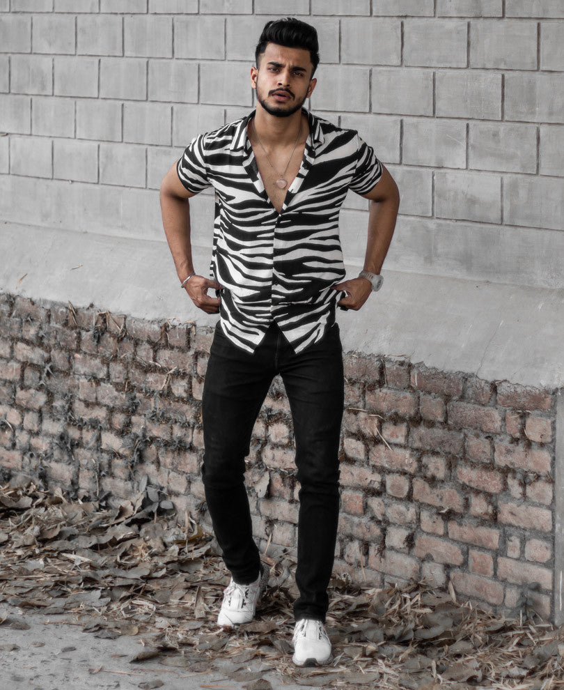 White Zebra Print Half Sleeves Shirt