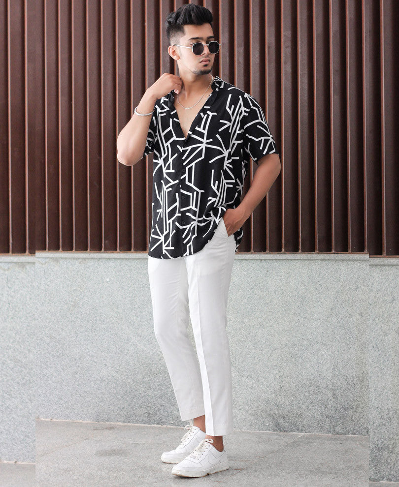 Black Abstract Striped Half Sleeves Shirt