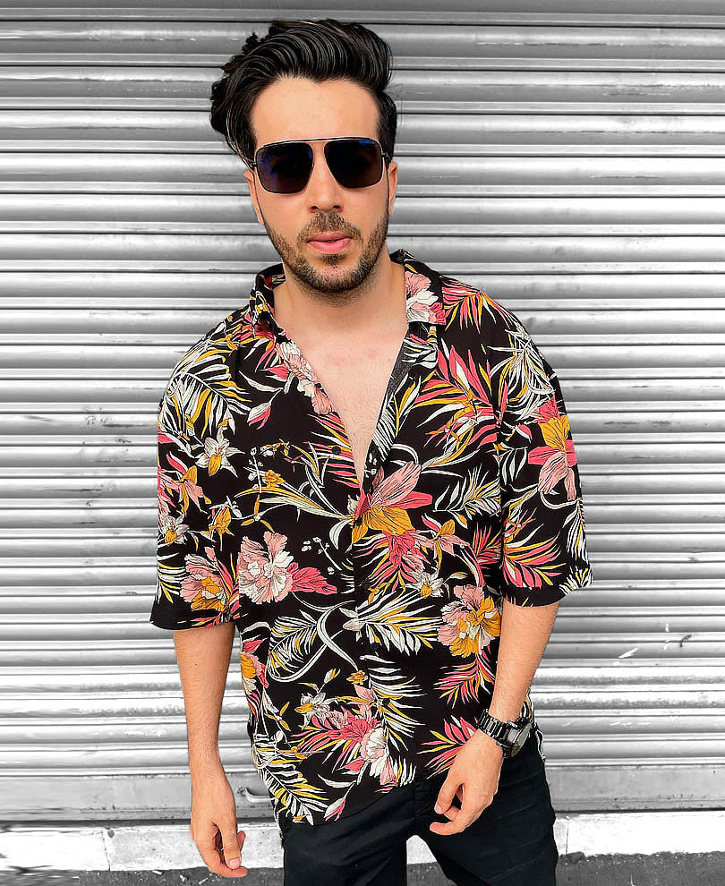 Mens Black Floral Oversize Drop Shoulder Shirt