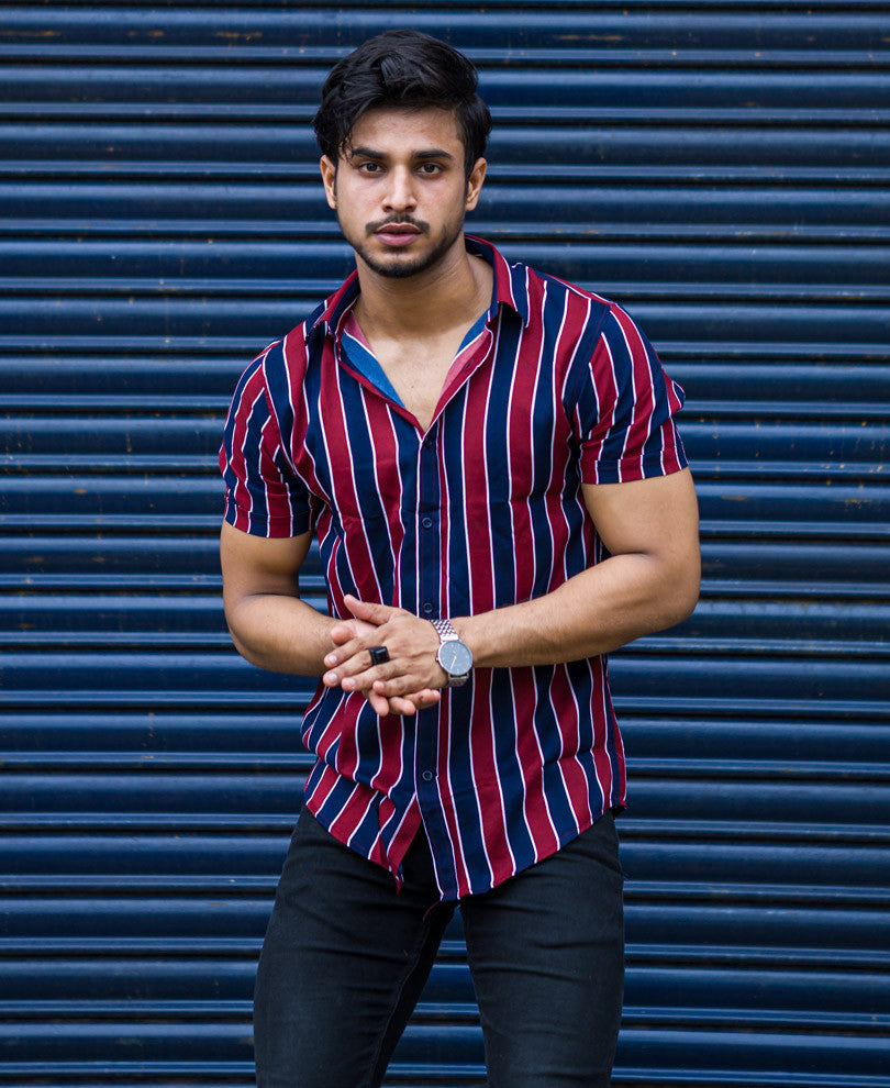Red and Blue Casual Stripe Half Sleeves Shirt