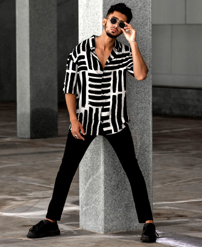 Black and White Multiple Stripes Oversize Drop Shoulder Shirt