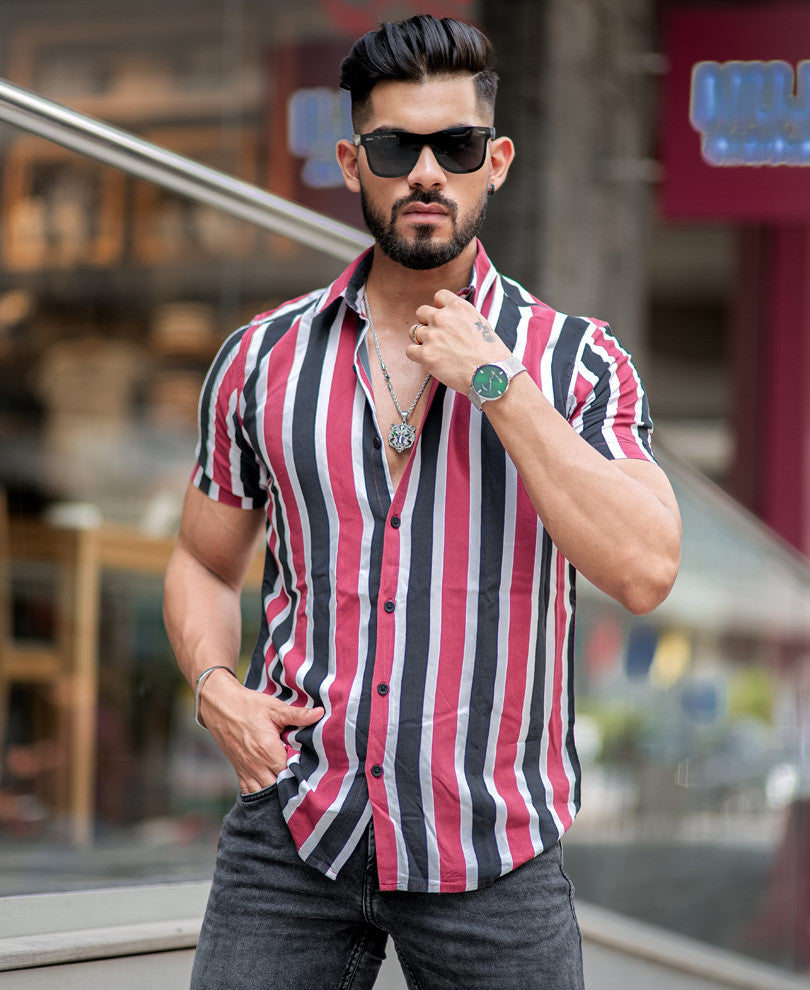 Red and Navy Blue Stripes Half Sleeves Shirt