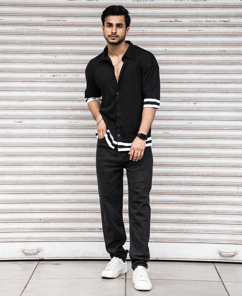 Black Button Style Oversize Drop Shoulder T Shirt
