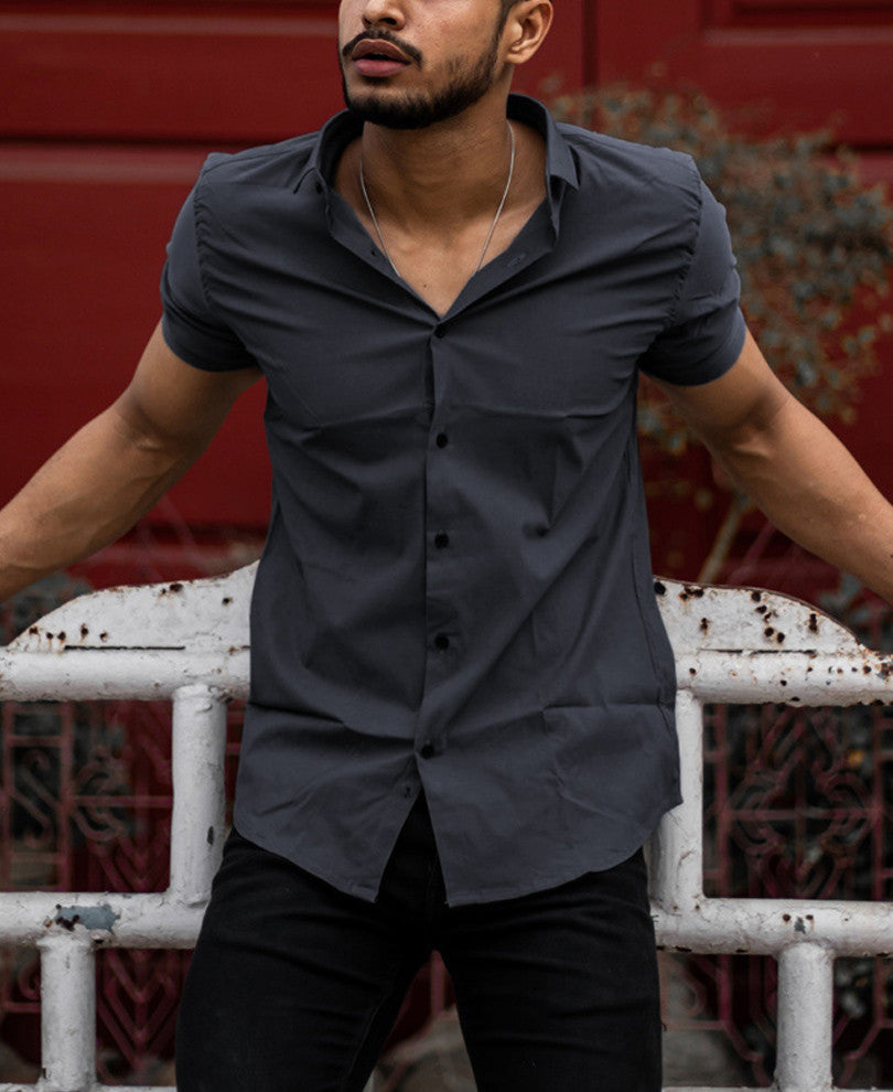 Urban Dark Grey Stretchable Solid Half Sleeves Shirt