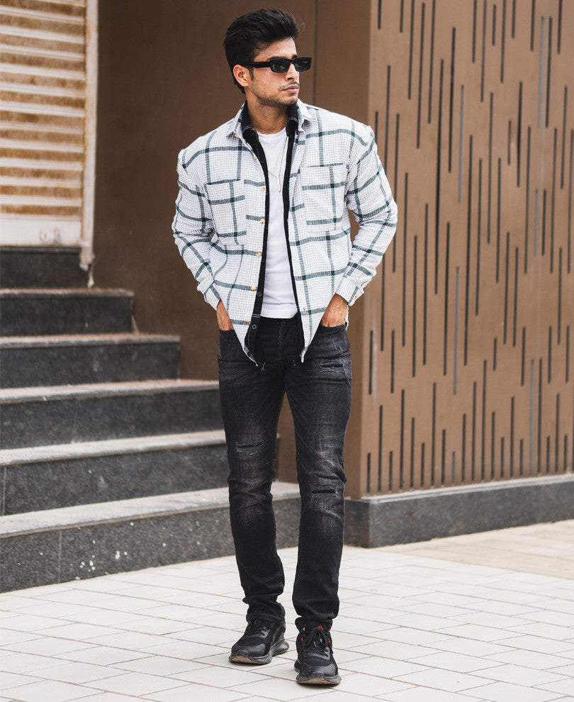 White Chest Pocket Checks Oversize Drop Shoulder Shirt