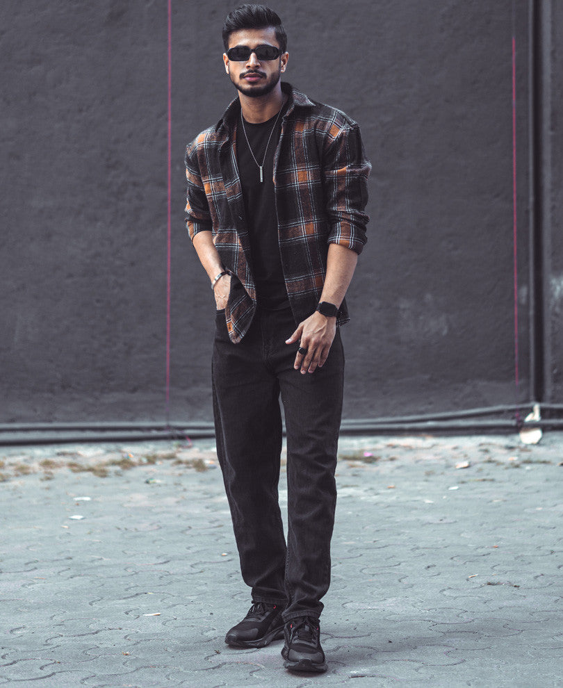 Black And Camel Checks Oversize Drop Shoulder Shirt