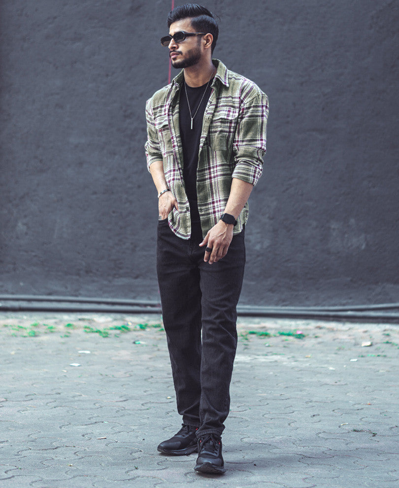 Olive Green Pocket Checks Oversize Drop Shoulder Shirt