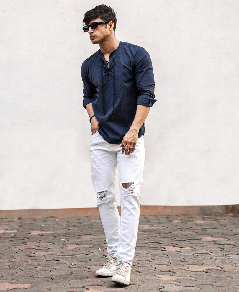 Navy Blue Plain Kurta Style Full Sleeves Shirt