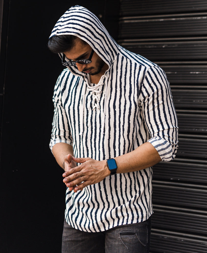 White Stripe Hooded Kurta Style Full Sleeves Shirt