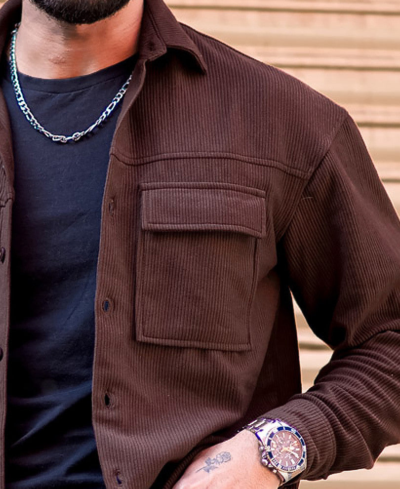 Dark Brown Shacket Pocket Oversize Drop Shoulder Shirt