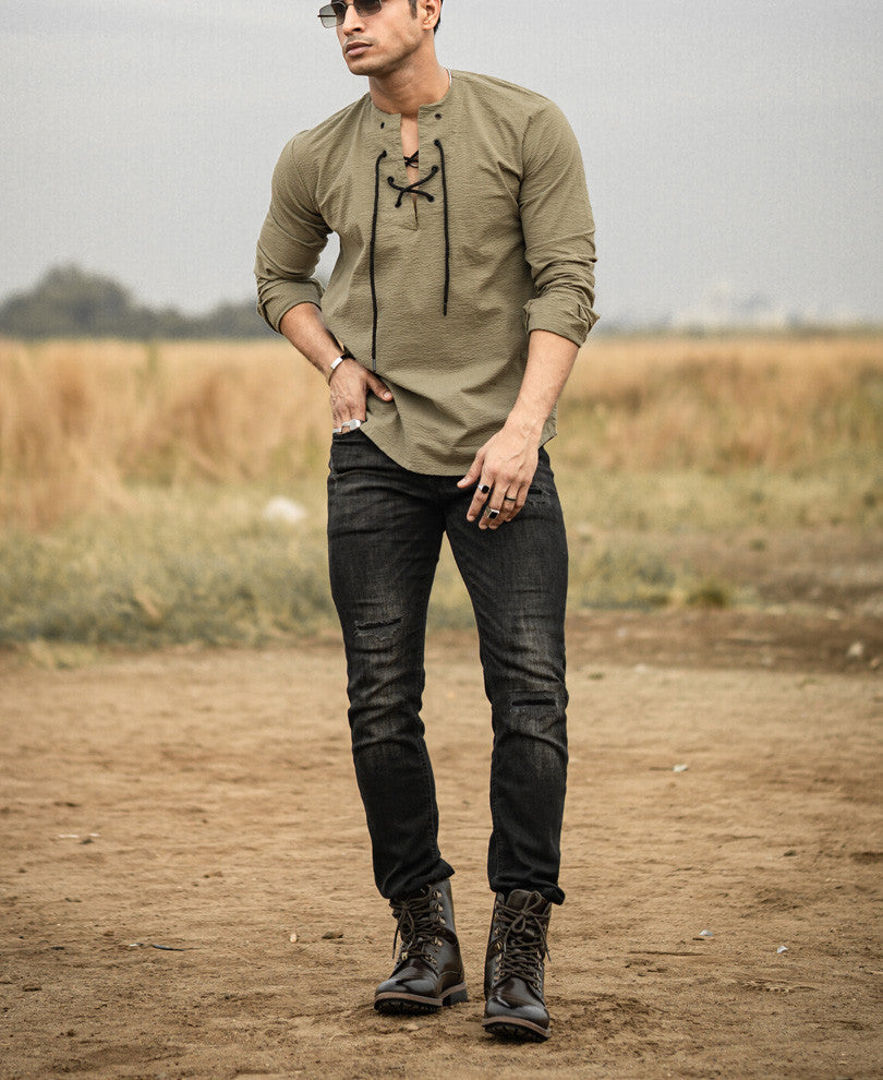 Olive Green Plain Kurta Style Full Sleeves Shirt