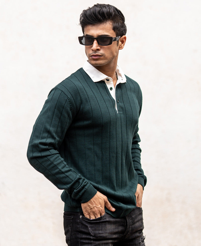 Bottle Green Polo Collar Full Sleeves Sweatshirt