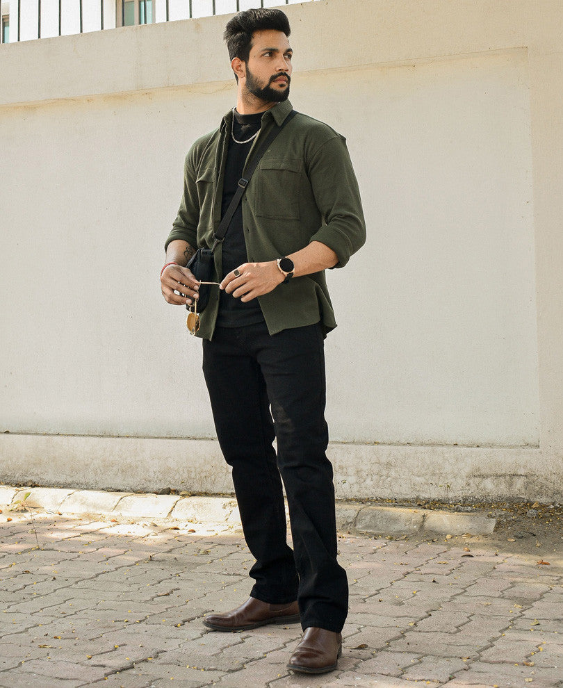 Dark Green Chest Pocket Oversize Drop Shoulder Shirt