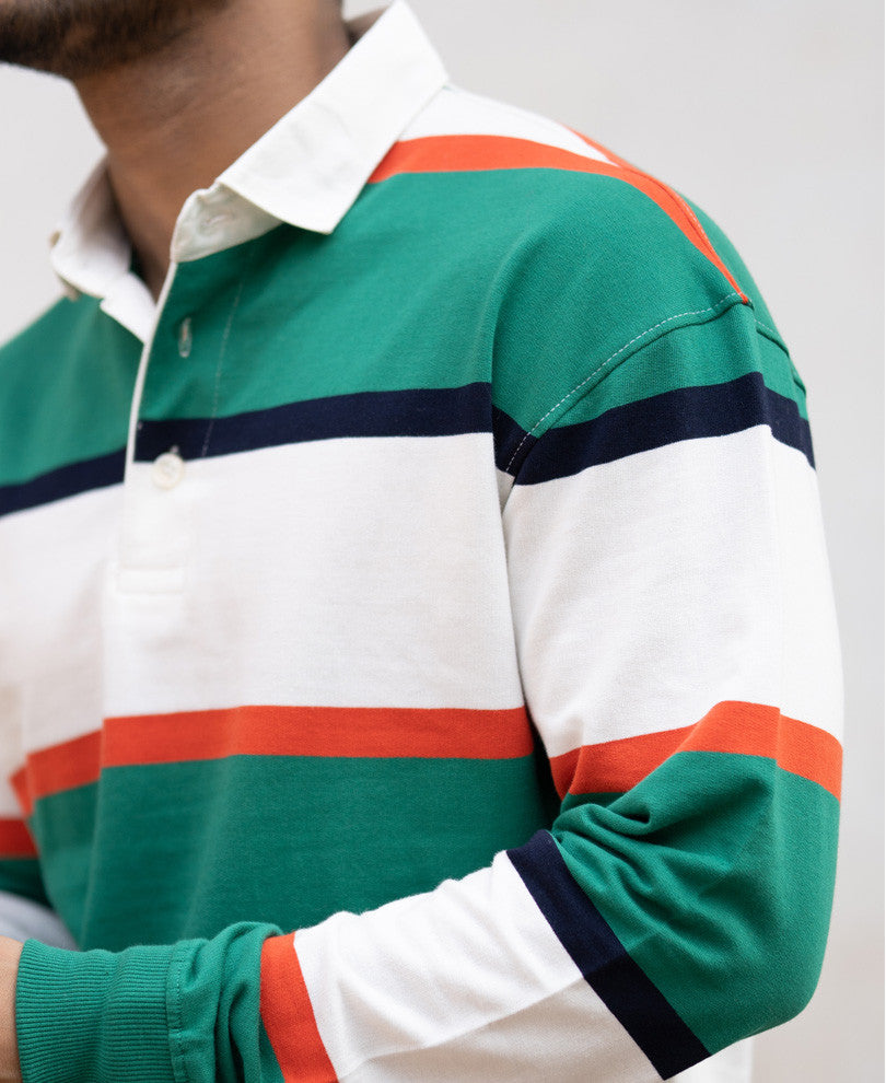 Green Striped Polo Collar Full Sleeves Sweatshirt