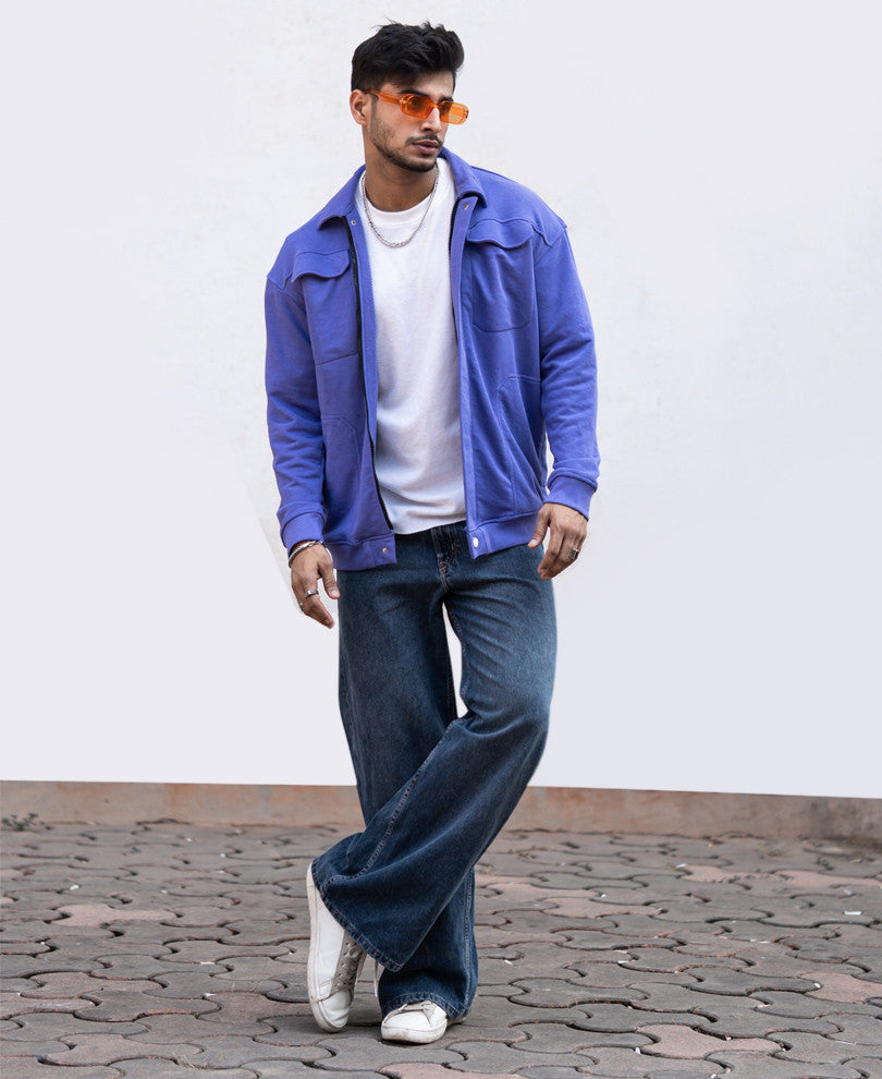 Purple Zipper Oversize Drop Shoulder Shirt