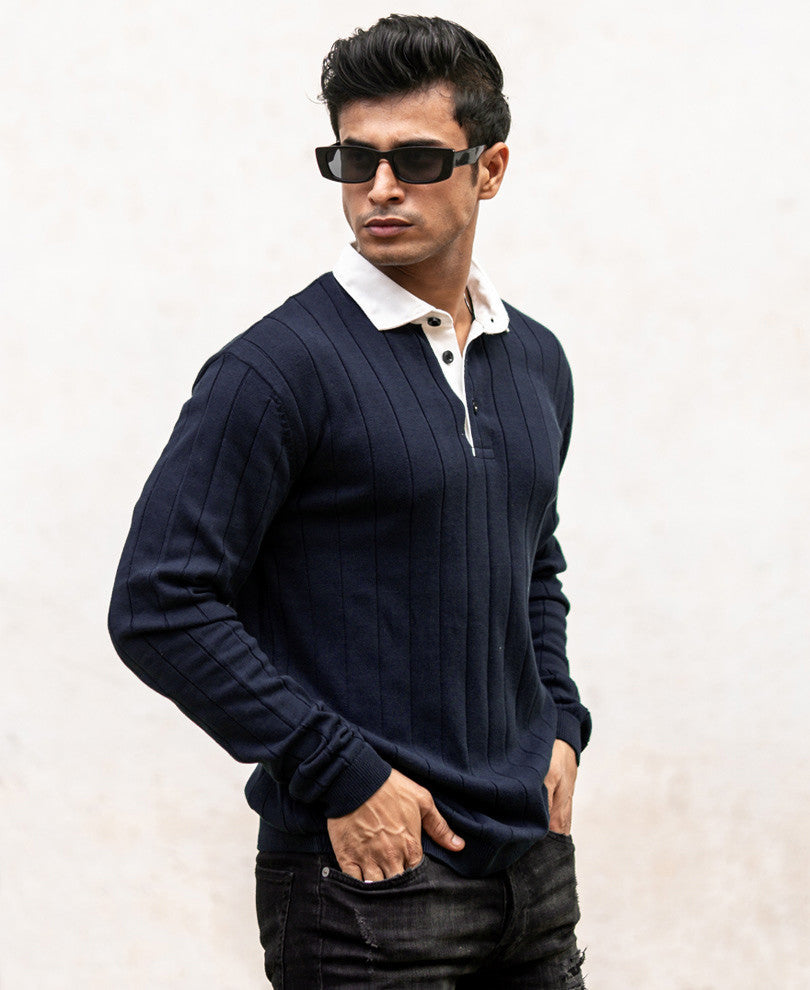 Navy Blue Polo Collar Full Sleeves Sweatshirt