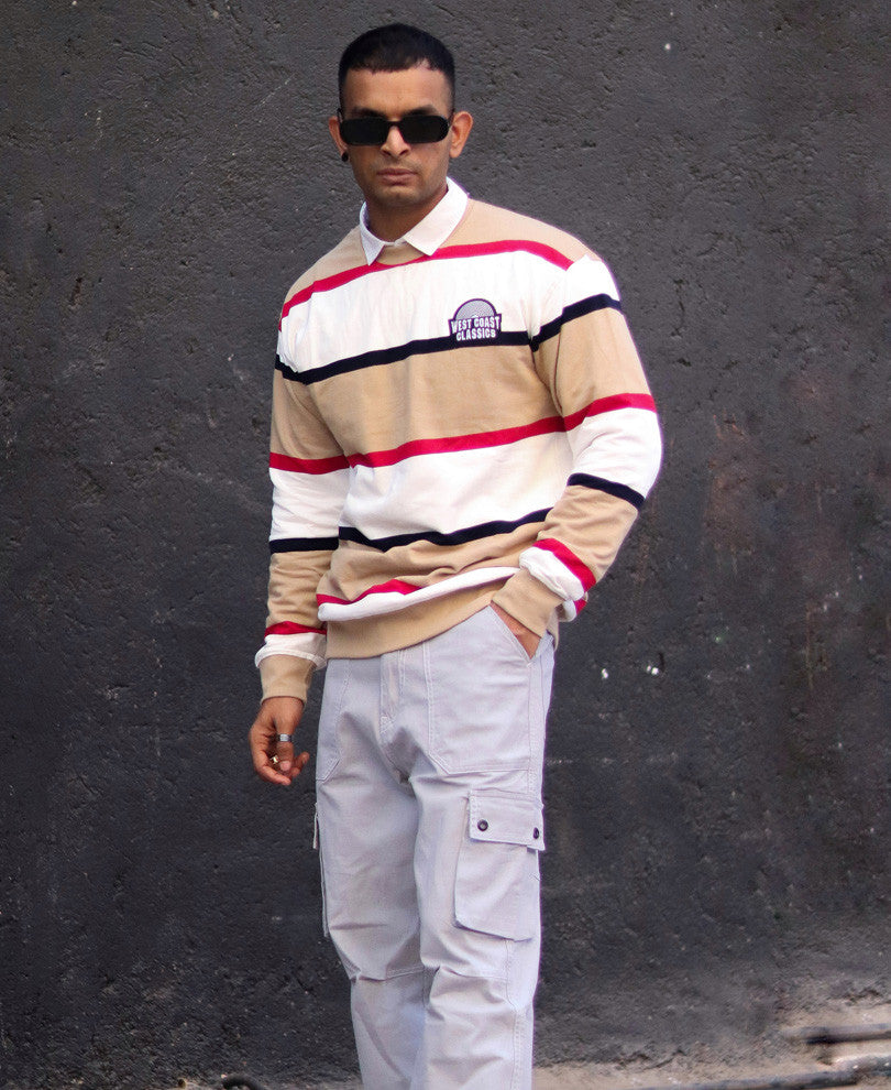 Beige Stripes Oversize Drop Shoulder T Shirt