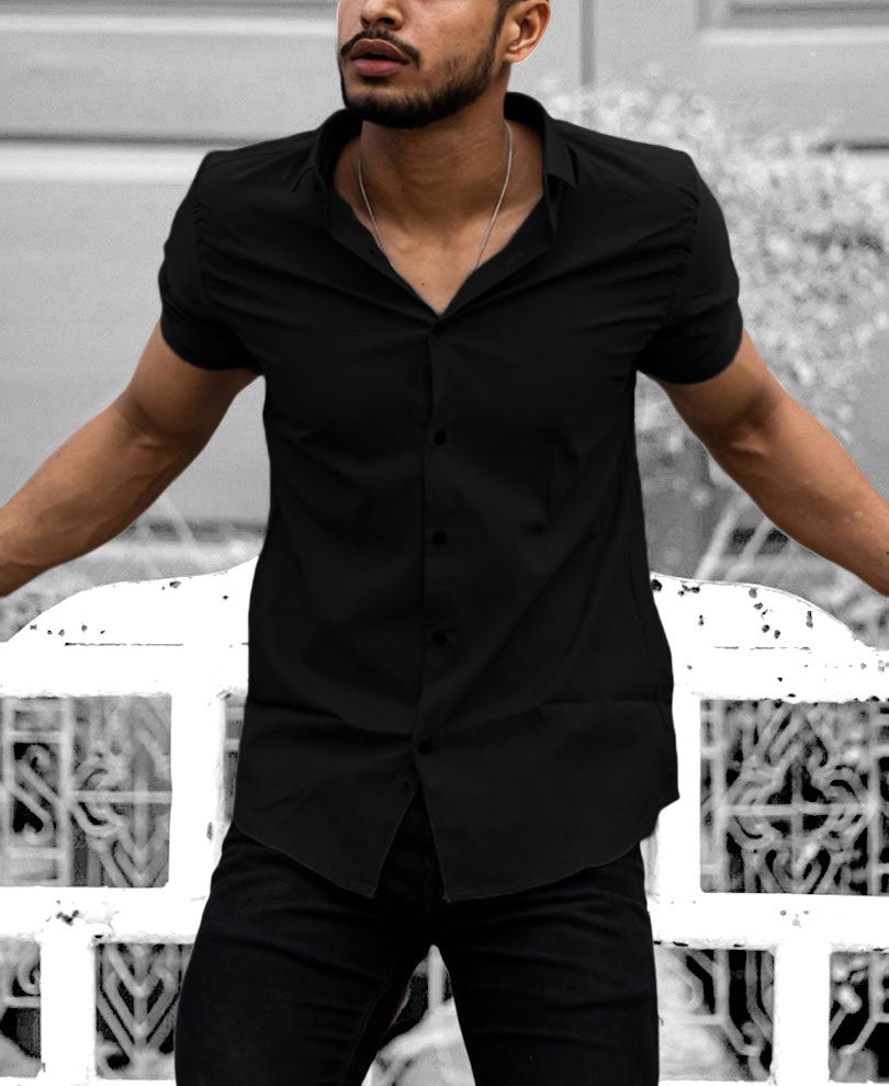 Black Plain Stretchable Causal Half Sleeves Shirt