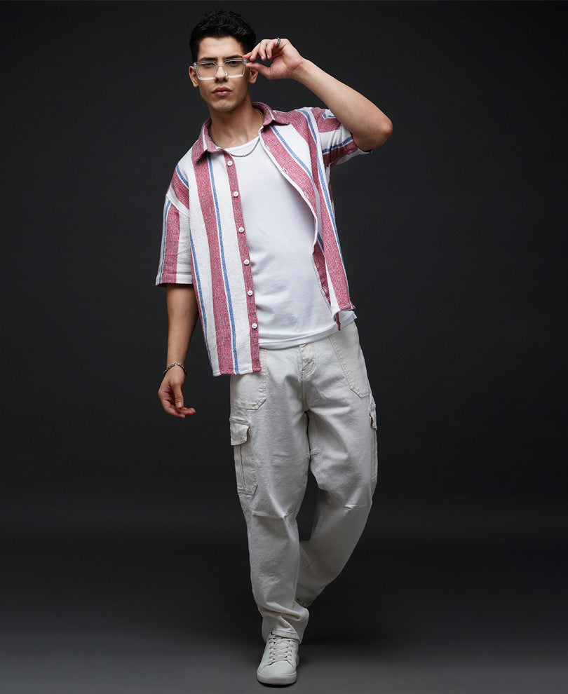 Red Striped Structured Oversize Drop Shoulder Shirt