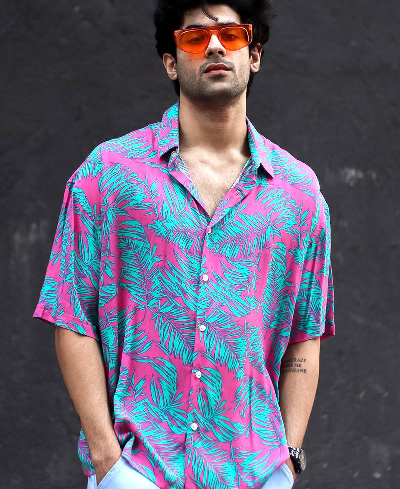 Pink And Green Leaves Print Oversize Drop Shoulder Shirt