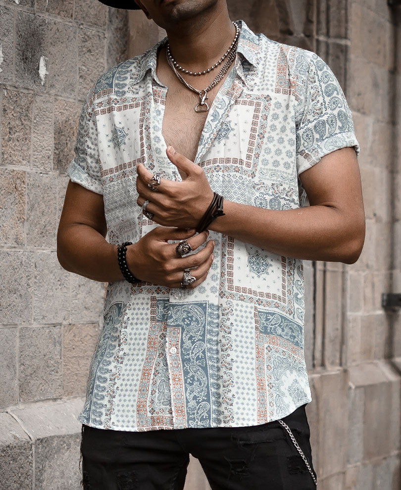 Light Green and White Bandana Print Half Sleeves Shirt