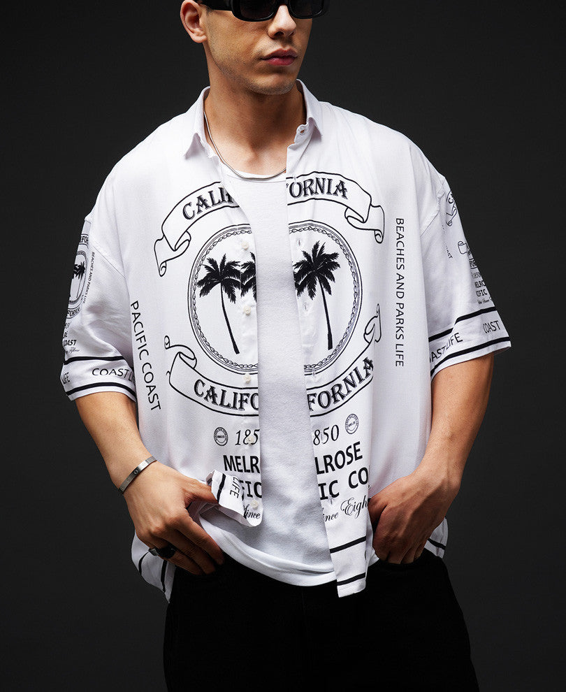 White California Print Oversize Drop Shoulder Shirt