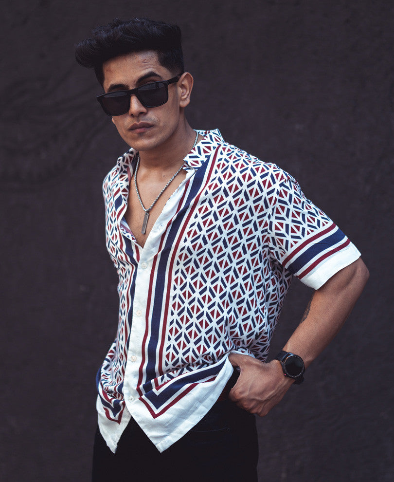 White Geo Print Half Sleeves Shirt
