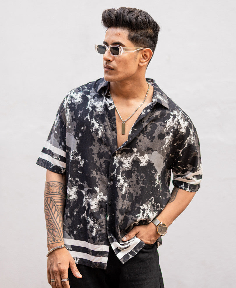 Black Tie Dye Print Oversize Drop Shoulder Shirt