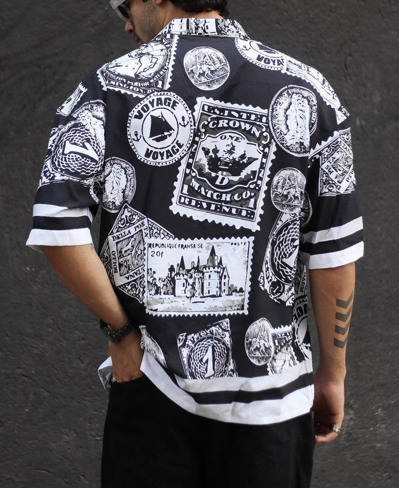 Black Voyage Print Oversize Drop Shoulder Shirt