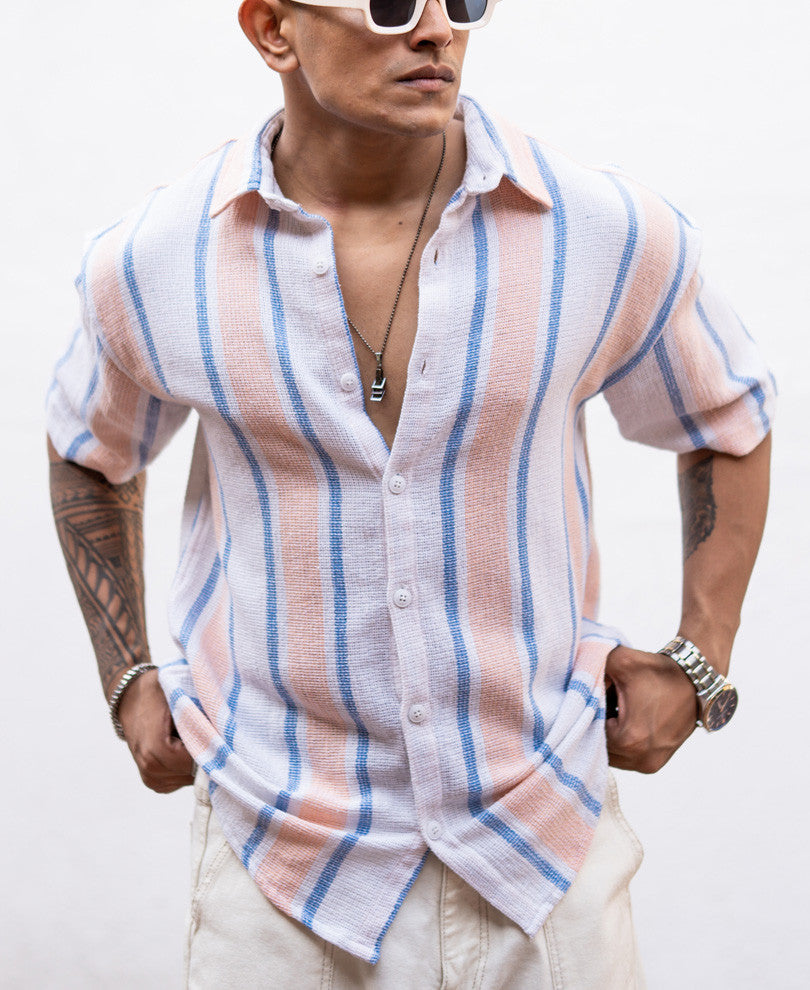 Peach Striped Structured Oversize Drop Shoulder Shirt