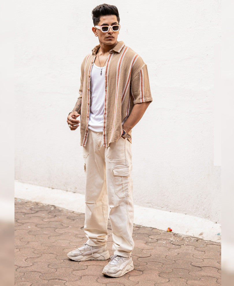 Beige Striped Structured Oversize Drop Shoulder Shirt