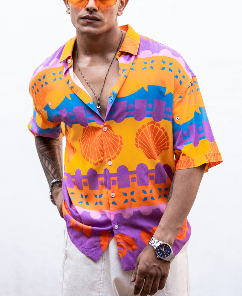 Multi Color Seashell Print Oversize Drop Shoulder Shirt
