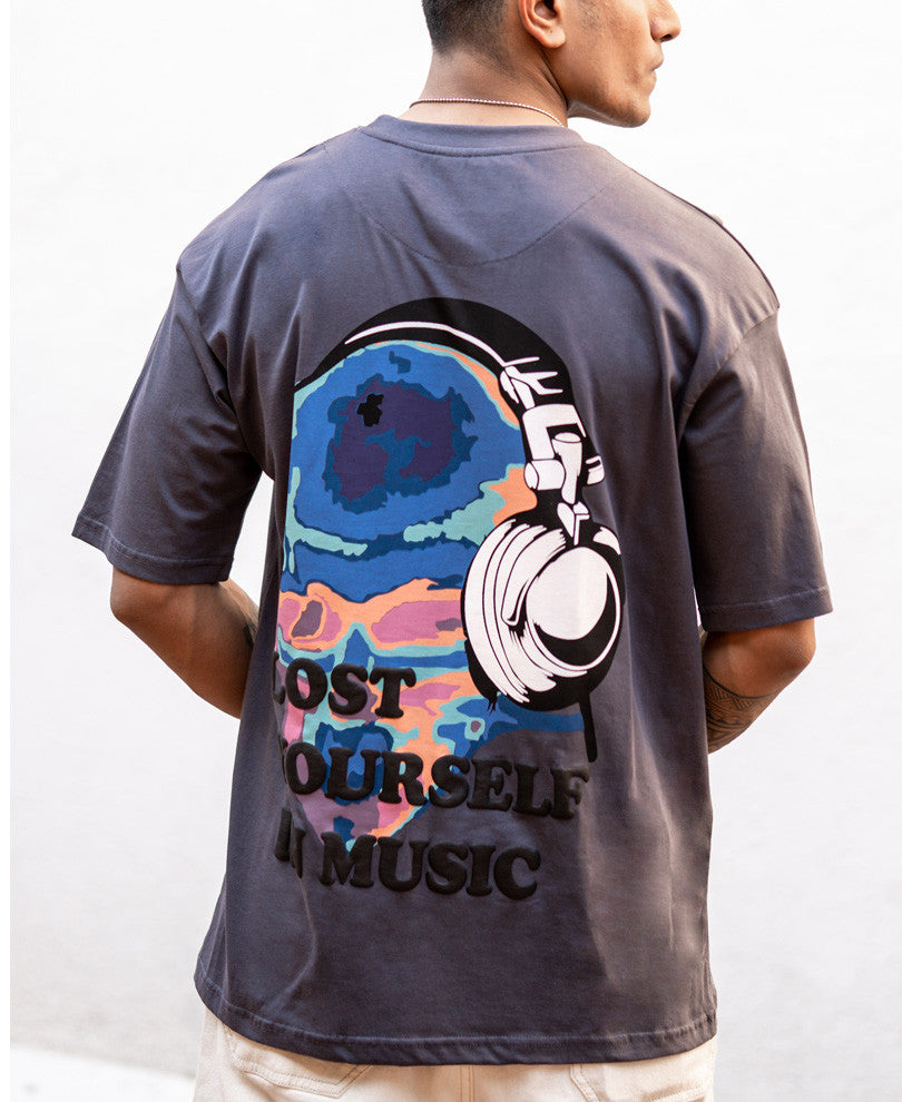 Dark Grey Lost Yourself In Music Back Print Oversize Drop Shoulder T Shirt