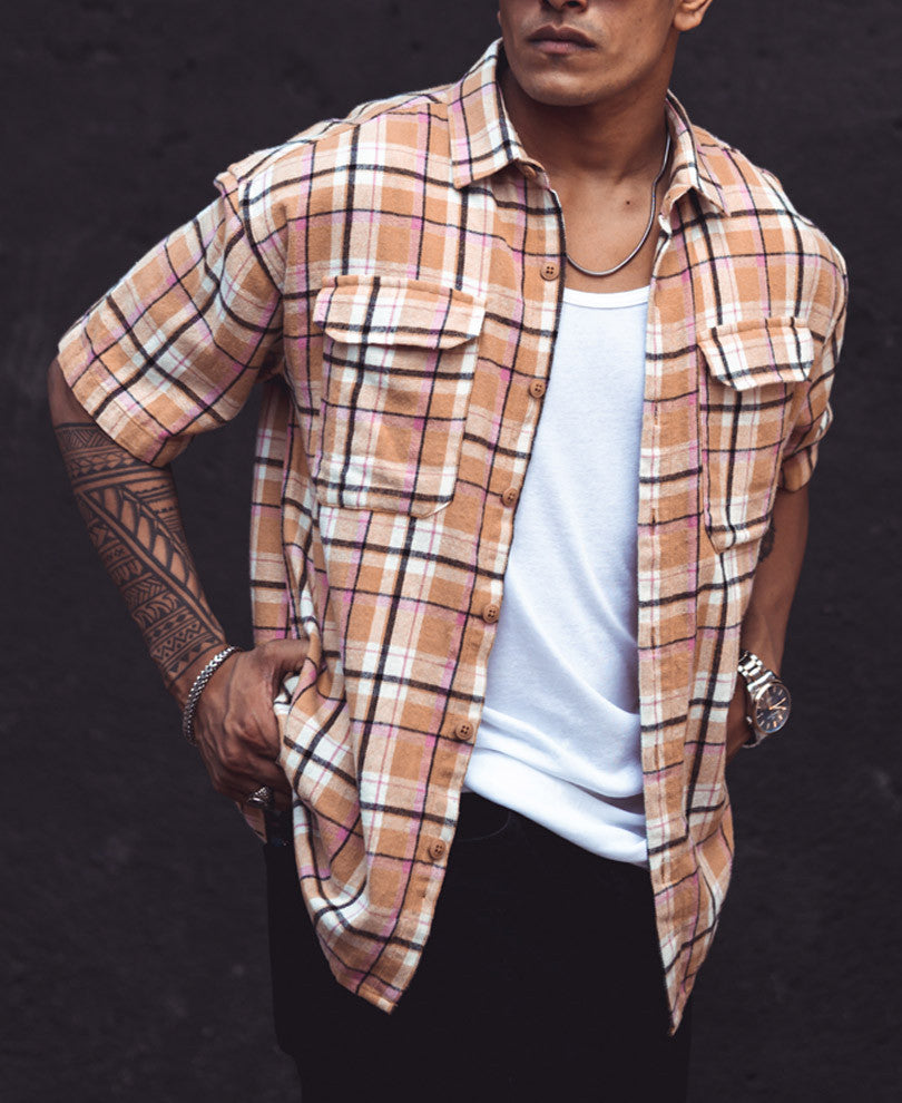 Cream Flap Pocket Checks Oversize Drop Shoulder Shirt
