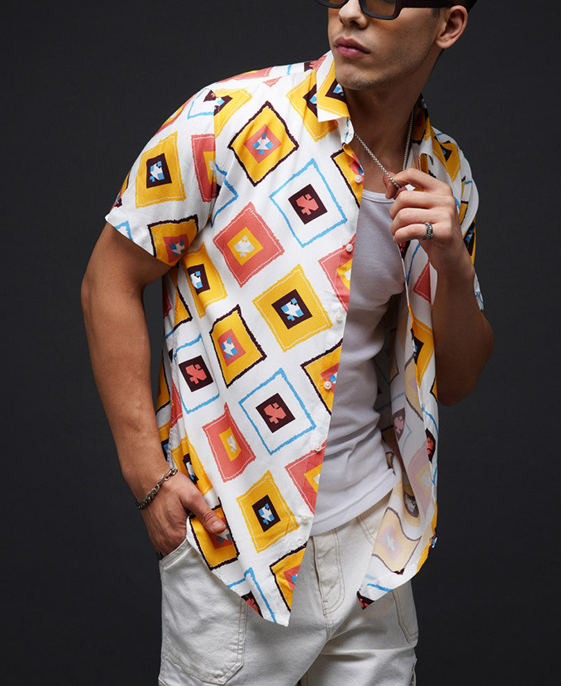 White And Mustard Diamond Print Half Sleeve Shirt
