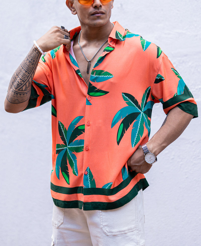 Orange Palm Leaves Print Oversize Drop Shoulder Shirt