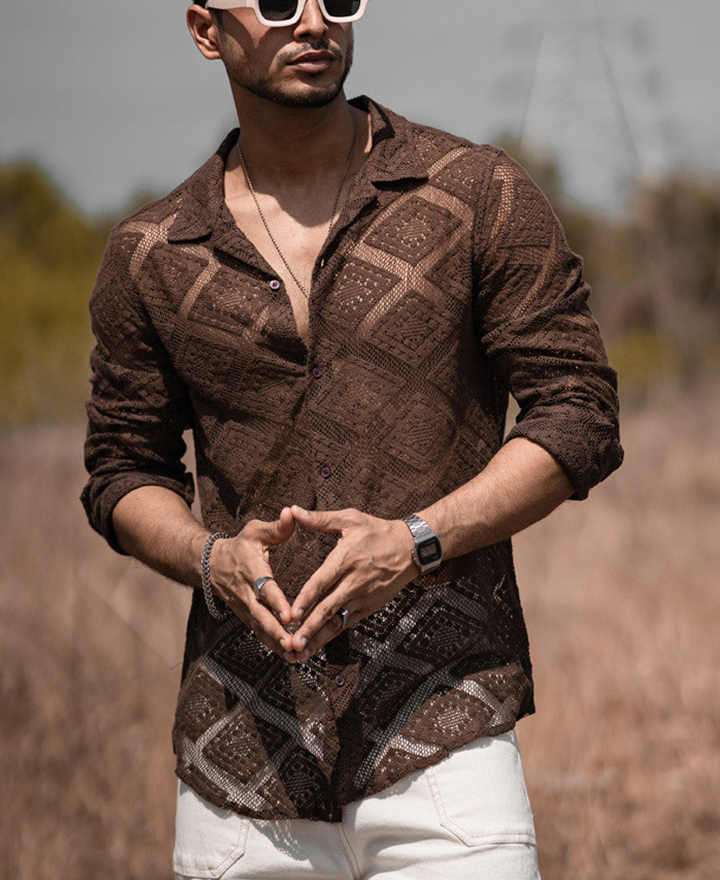 Dark Brown Sheer Pattern Full Sleeves Shirt