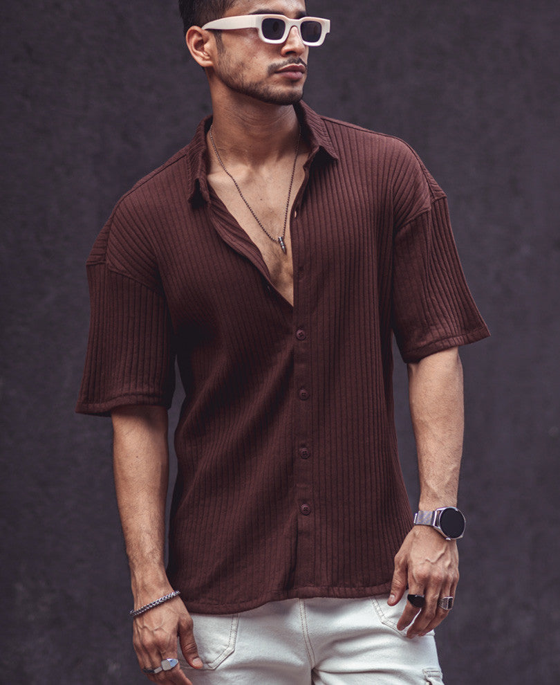 Brown Rib Knit Oversize Drop Shoulder Shirt