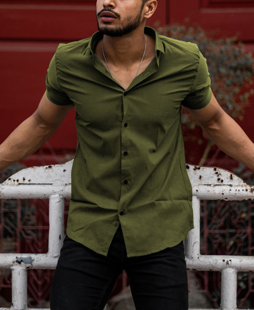 Urban Olive Green Stretchable Solid Half Sleeves Shirt