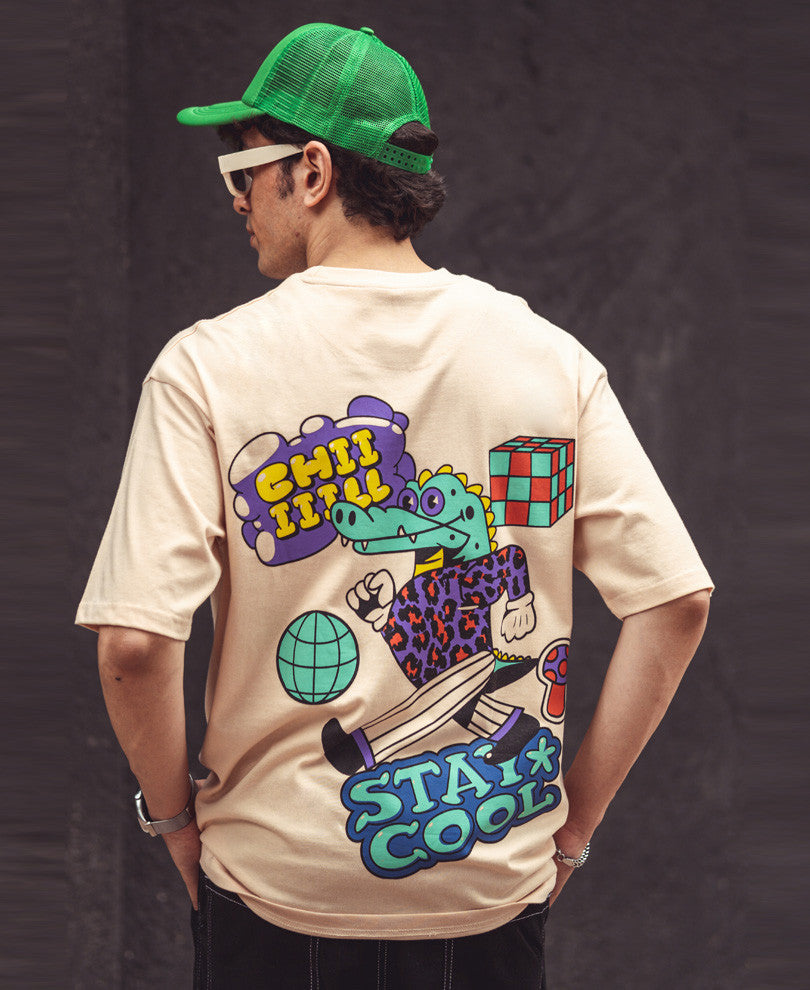 Beige Stay Cool Back Print Oversize Drop Shoulder Tshirt