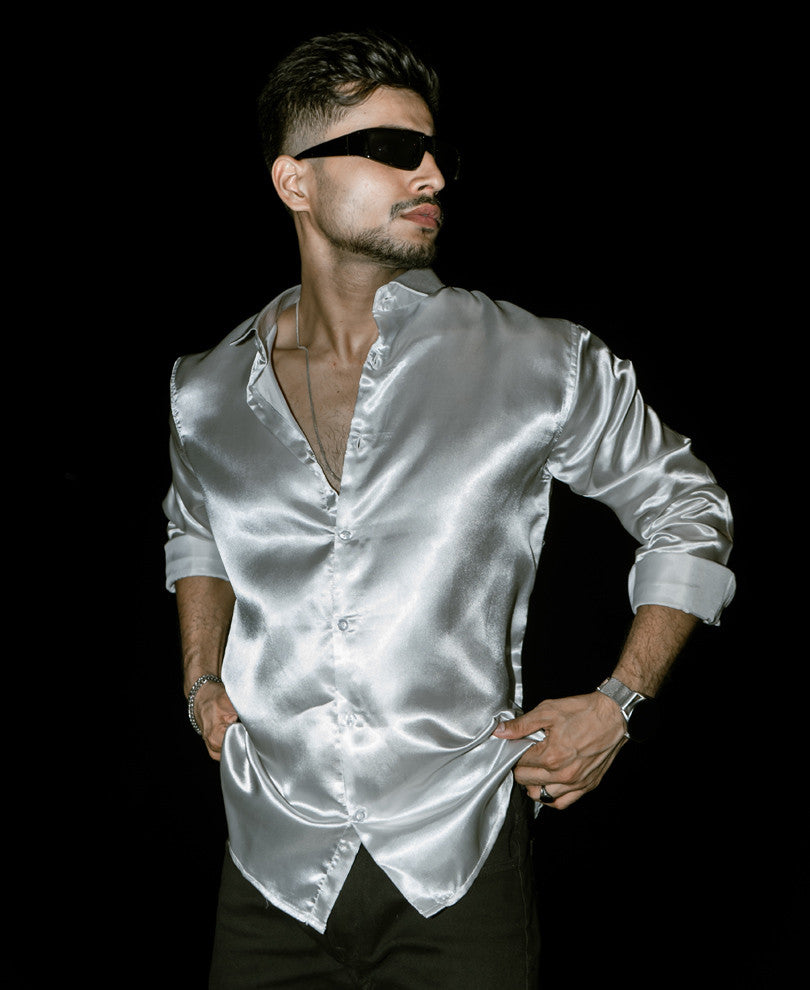 Silver Color Satin Full Sleeves Shirt