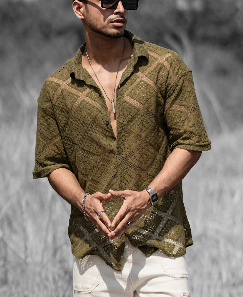 Olive Green Sheer Pattern Oversize Drop Shoulder Shirt