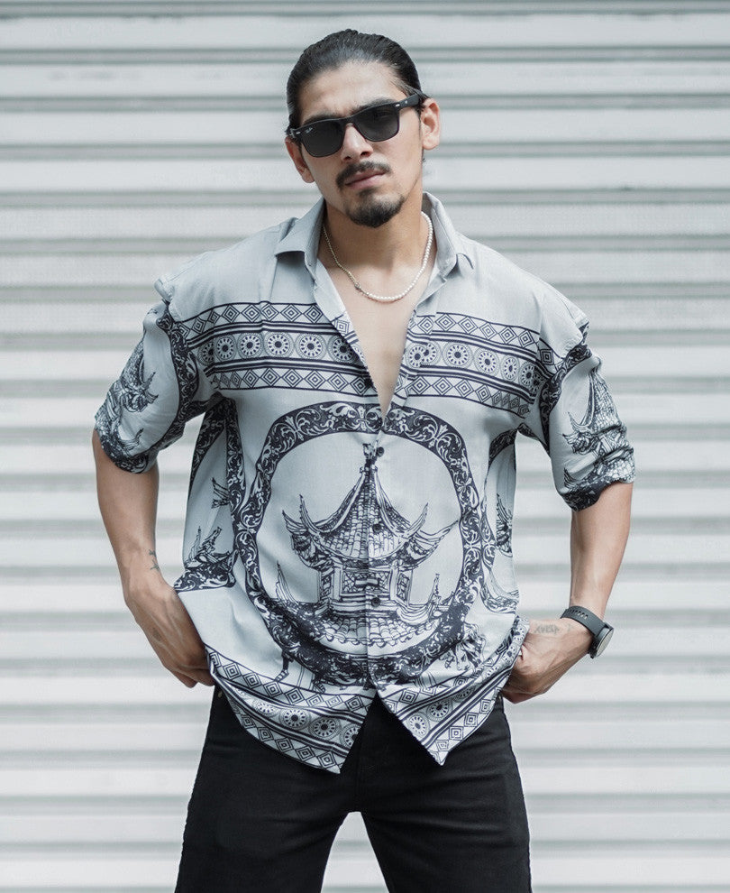 Grey Vintage Print Oversize Drop Shoulder Shirt